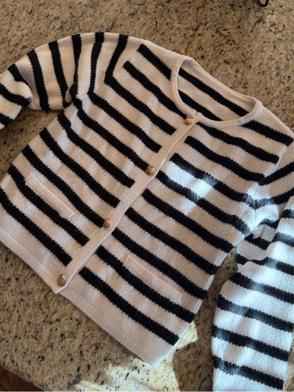 Striped Black and White Crewneck Cardigan Sweater size small / slightly loose